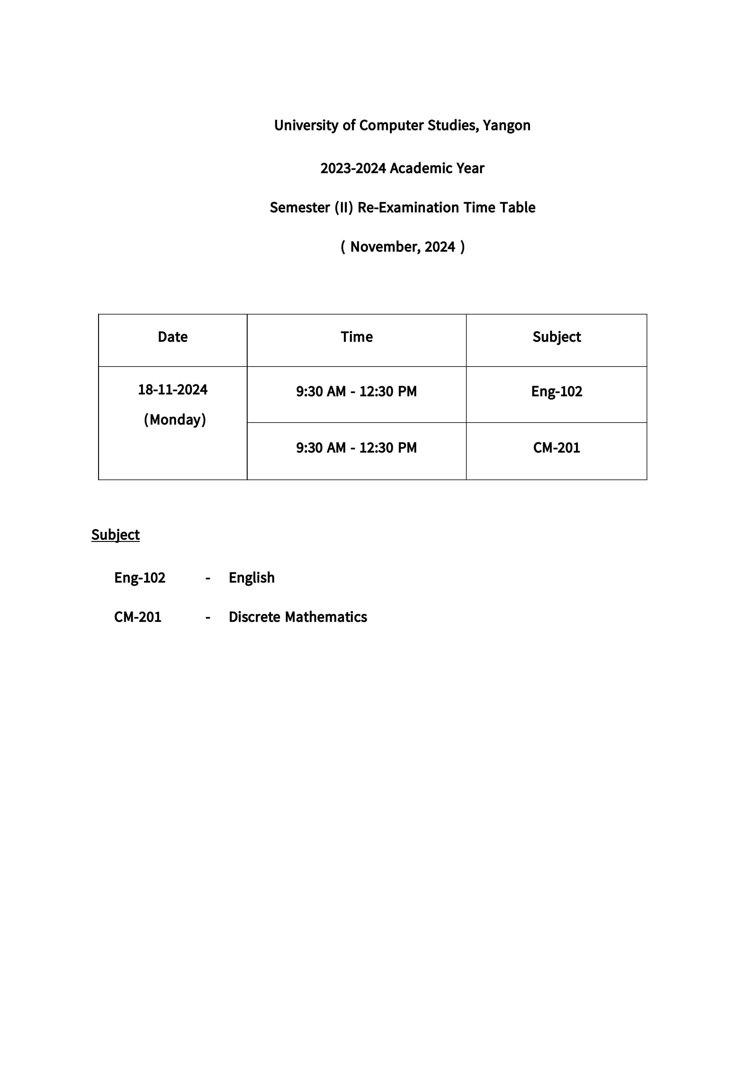 Re-exam Time-table